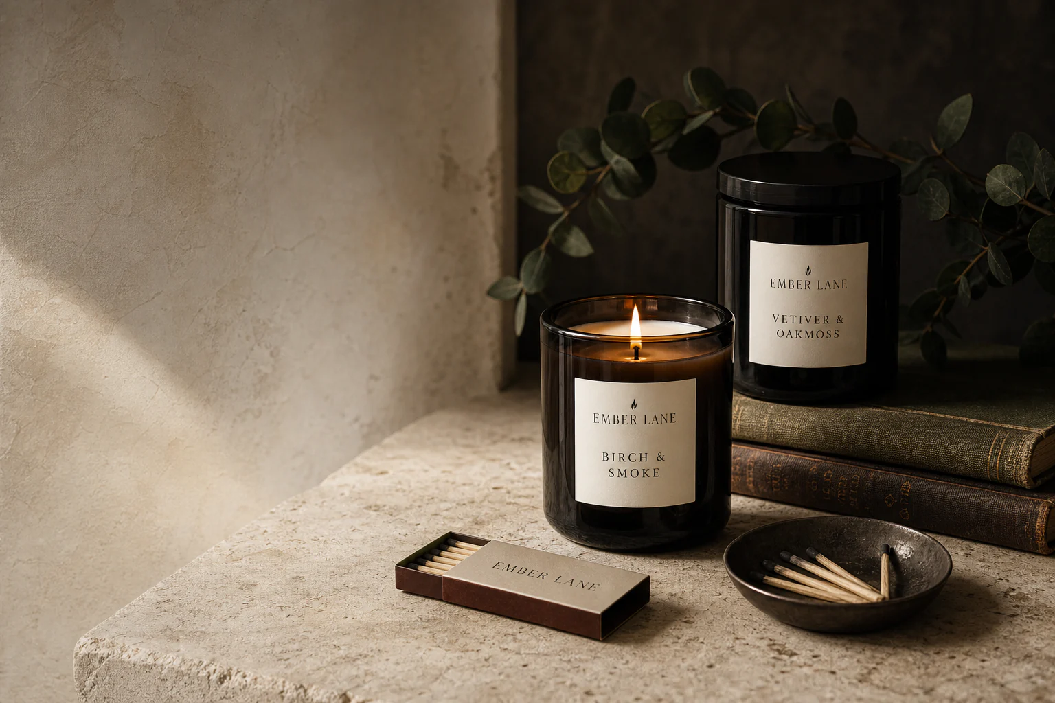 Smoked glass Ember Lane candle glowing in a dark, warmly styled room